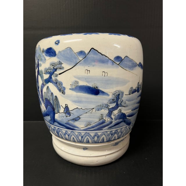 Late 20th Century Late 20th Century Japanese Art Porcelain Blue and White Jardinier With Mountain Scenery Design For Sale - Image 5 of 12