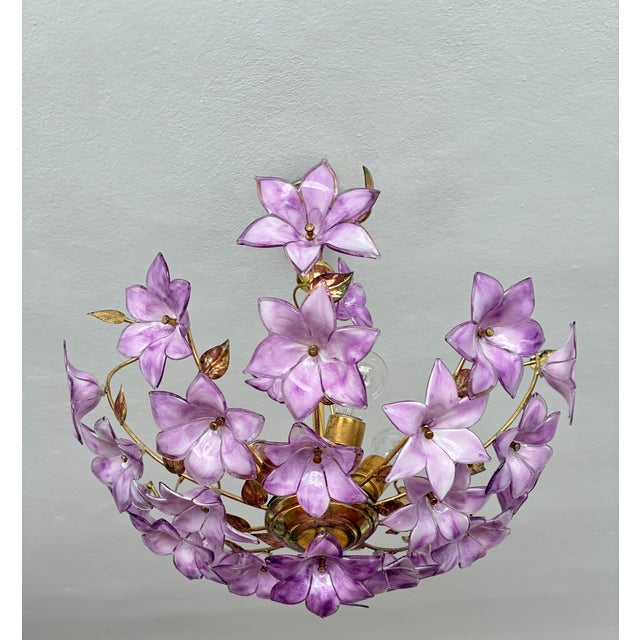 1980s Italian Style Hand-Painted Pink and Purple Murano Glass Floral Chandelier - 4-Light⁠ For Sale - Image 6 of 18