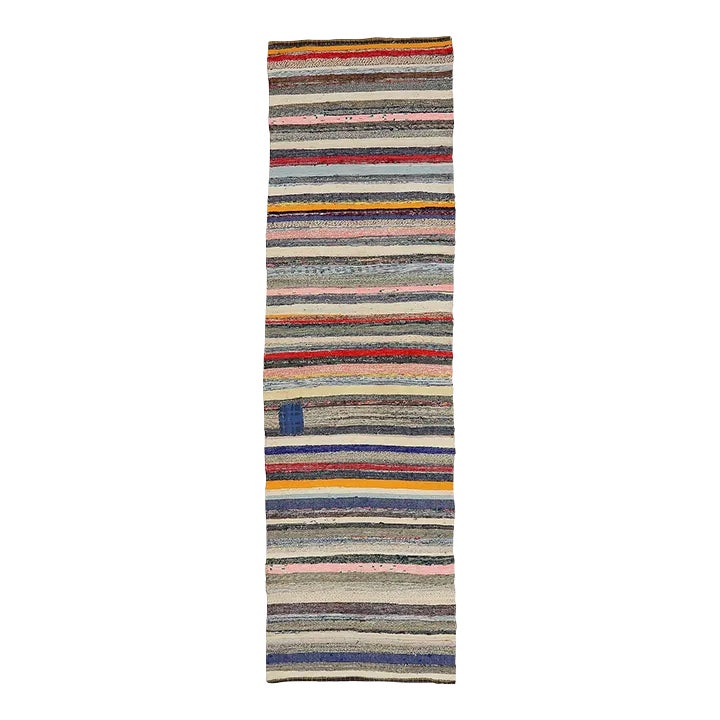 Mid 20th Century Colorful Striped Vintage Rag Runner | Chairish