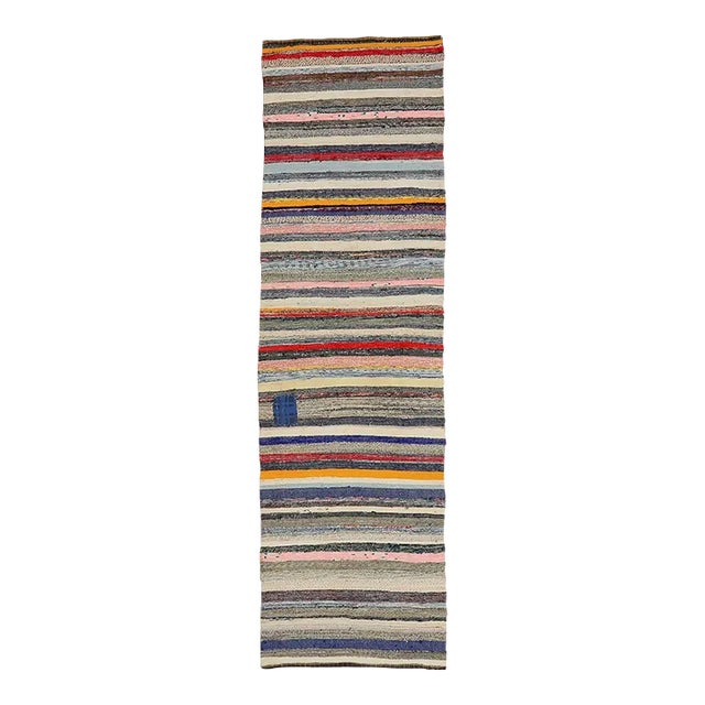 Mid 20th Century Colorful Striped Vintage Rag Runner For Sale