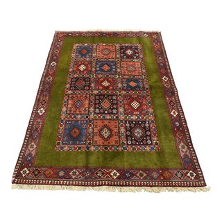 Yalameh Rug 4'10'' X 6'8'' Green Wool Vintage Tribal Hand-Knotted Carpet For Sale