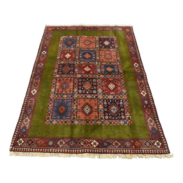 Yalameh Rug 4'10'' X 6'8'' Green Wool Vintage Tribal Hand-Knotted Carpet For Sale