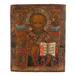 Antique 19thC Russian Orthodox Egg Tempera Painted Icon St Nicholas of Myra 1820 For Sale