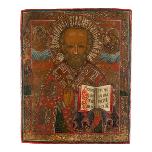 Antique 19thC Russian Orthodox Egg Tempera Painted Icon St Nicholas of Myra 1820