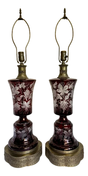 Pair of Mid-Century Ruby Cut-To-Clear Glass Bohemian Lamps