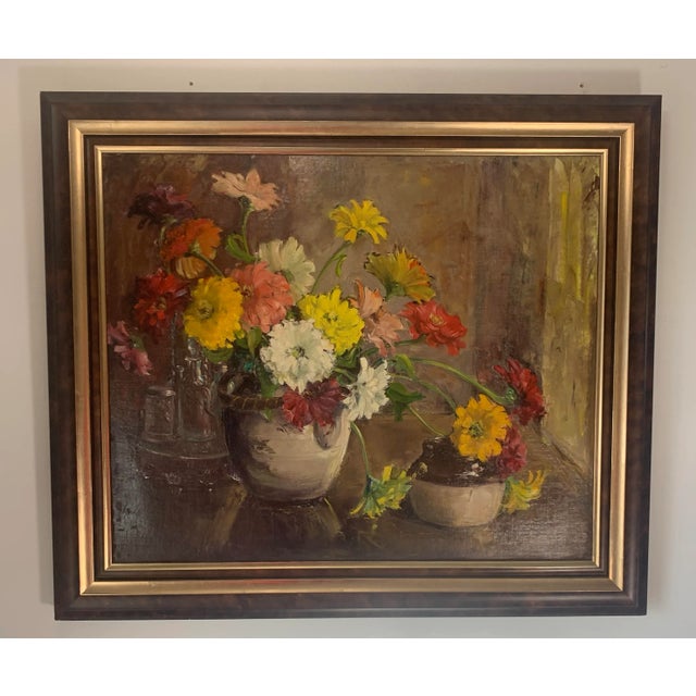 1940s Vibrant Floral Still Life Oil Painting by Jennie Thatcher Crawford, Framed For Sale - Image 5 of 13