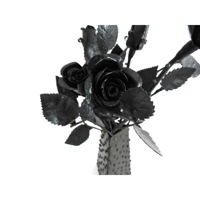 Late 20th Century Avant-Garde Hand-Forged Wrought Iron Rose Sculpture & Textured Metal Vessel For Sale - Image 4 of 10
