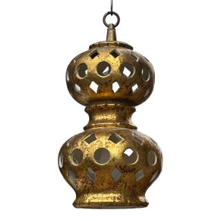 Nardi Studios Mid Century Double Gourd Pierced Gilt Ceramic Swag Hanging Lamp For Sale