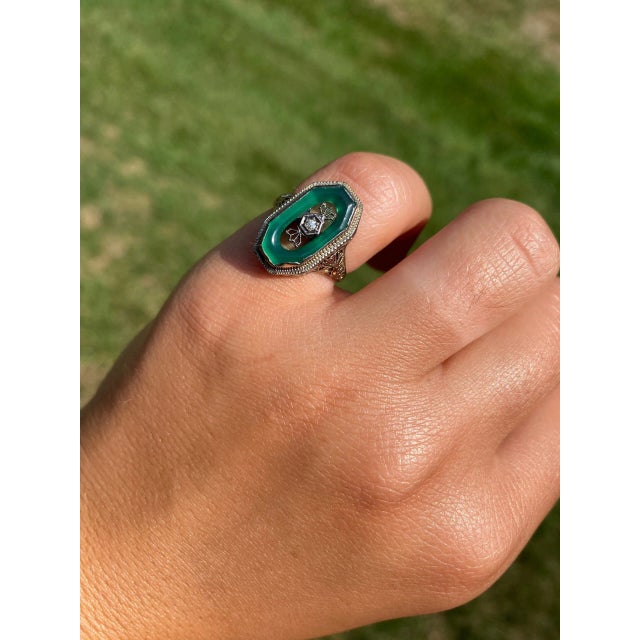 The Estelle Avenue: Antique Filigree Cocktail Ring set with Chalcedony and Diamond, Size 5.75 For Sale - Image 11 of 11