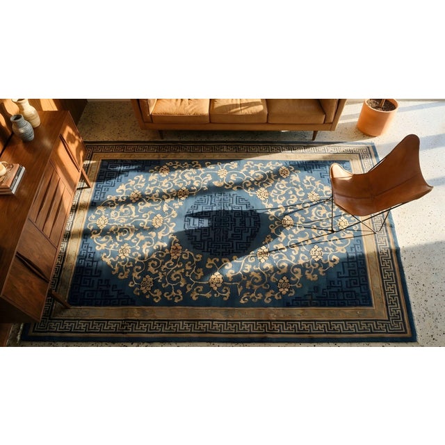 Gorgeous Royal Blue Background With Camel Border in a Medallion Pattern Antique Chinese Peking Rug For Sale - Image 9 of 9