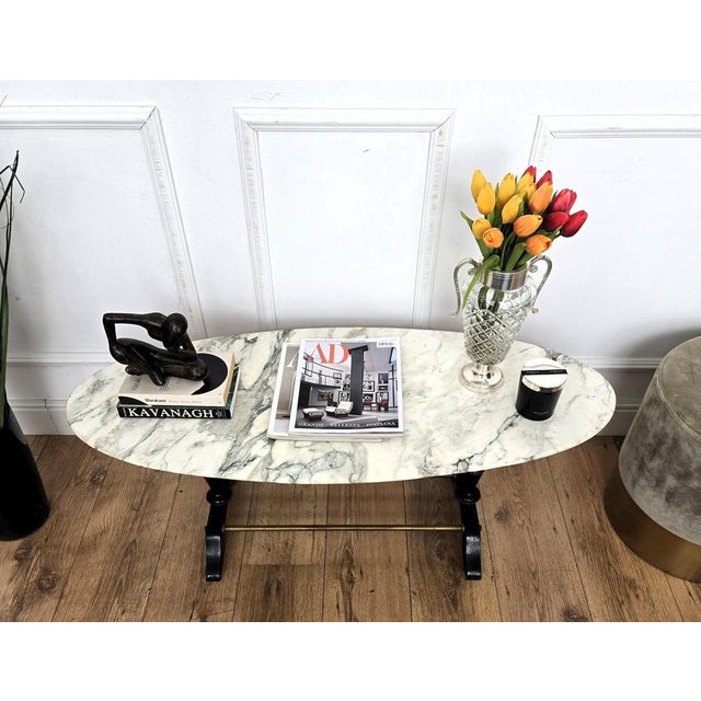Mid-Century Modern Italian Coffee Table in Carved Walnut with Oval White Marble Top, 1950s For Sale - Image 3 of 9