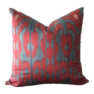 Turkish Silk Ikat Pillow in Jewel Tones of Red & Teal For Sale