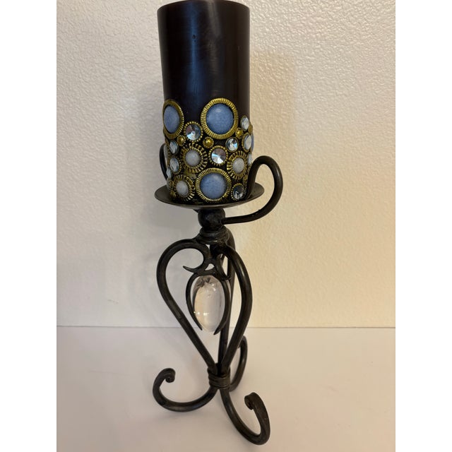1970s 1970s Wrought Iron Candle Holders W/Whimsical Candles - A Pair For Sale - Image 5 of 7