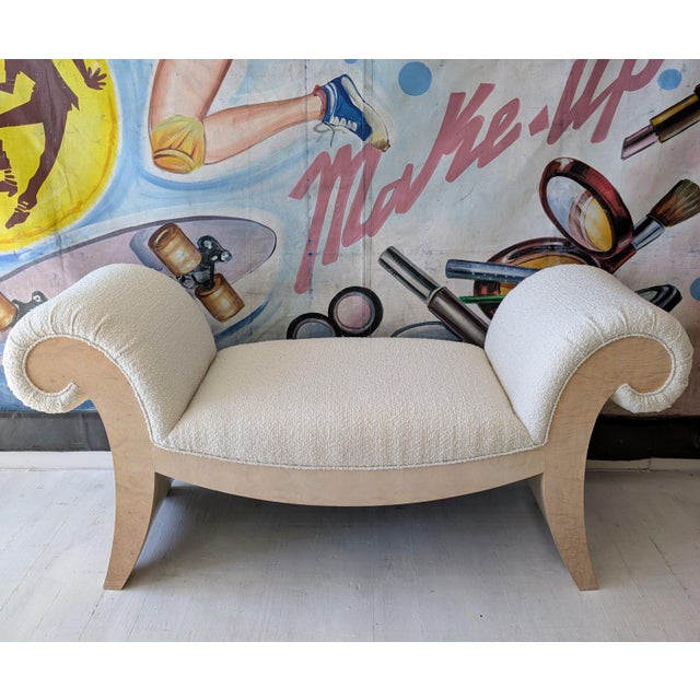 Large Vintage Scroll End Burl and Boucle Upholstered Bench, 1970s For Sale - Image 10 of 10