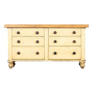 English Painted Pine Dresser Base with Drawers and Elm Top, 1890 For Sale