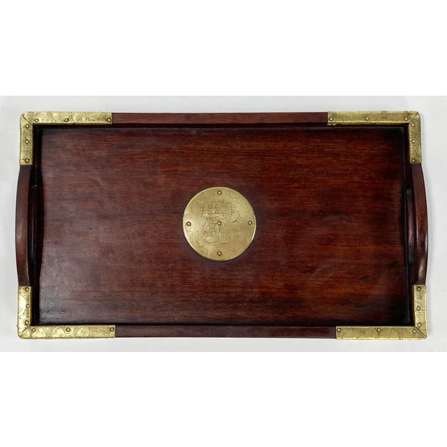 Vintage Asian Motif Rosewood Tray With Brass Hardware For Sale - Image 4 of 10