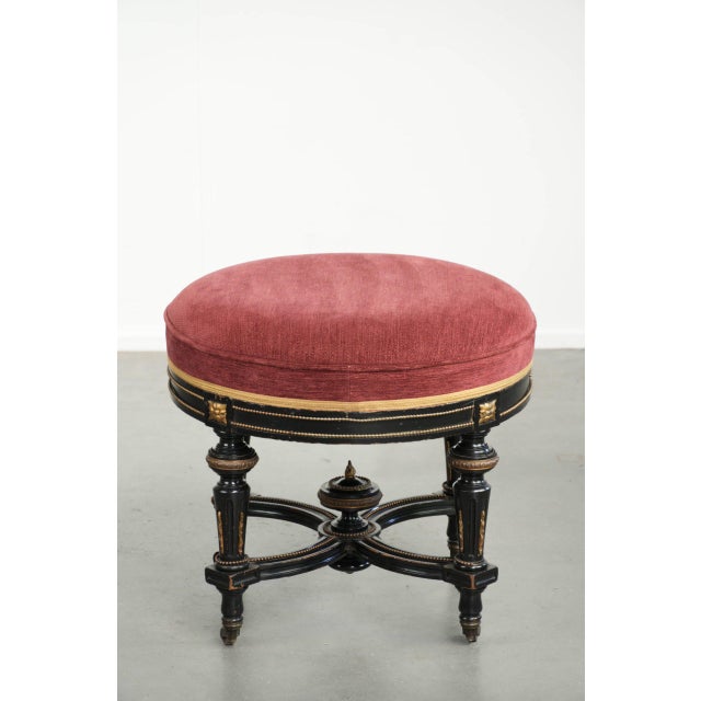 Antique English Stool with Red Fabric Seat and Black Wooden Base with Gold-Colored Details For Sale - Image 3 of 12