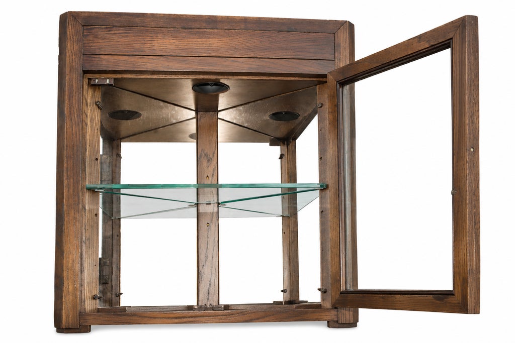 1970s Campaign Vintage Henredon Lighted Oak Corner Display Cabinet With Glass Door — view 3