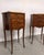 French inlaid marquetry bedside tables with marble tops. 3 drawers in each. Elegant design and in very good condition....