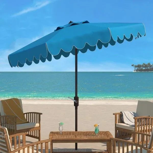 The signature white and blue coloration of Santorini’s lush legendary resort inspired this nine-foot crank umbrella. Its...