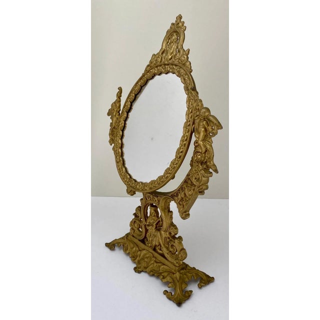French Victorian Gilt Bronze Vanity Oval Table Mirror With Cherubs For Sale - Image 12 of 12