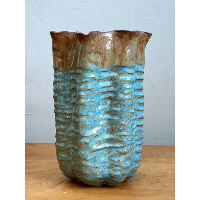 Vintage Textured Blue Ceramic Vase For Sale - Image 11 of 12