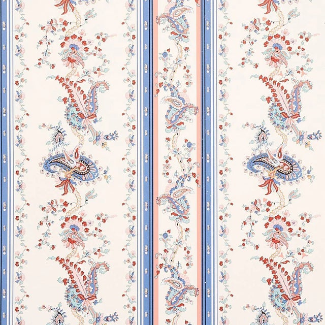 Sample - Schumacher Elena Paisley Stripe Wallpaper in Blue For Sale