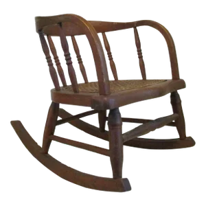 Antique Oak Curved Back Hand Woven Cane Seat Children's Rocking Chair