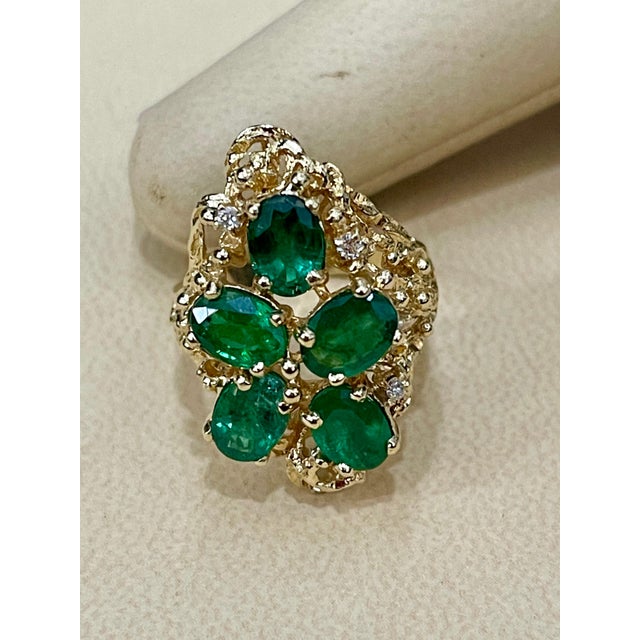 2010s 4 Ct Natural Emerald, Five Oval Stone and Diamond Ring 14 Karat Yellow Gold For Sale - Image 5 of 18
