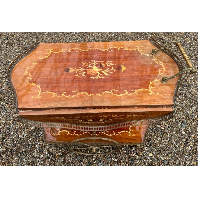 Italian Rolling Bar Cart Trolley Marquetry Wood Inlay Sides Fold Up Brass Galleries For Sale In Providence - Image 6 of 6