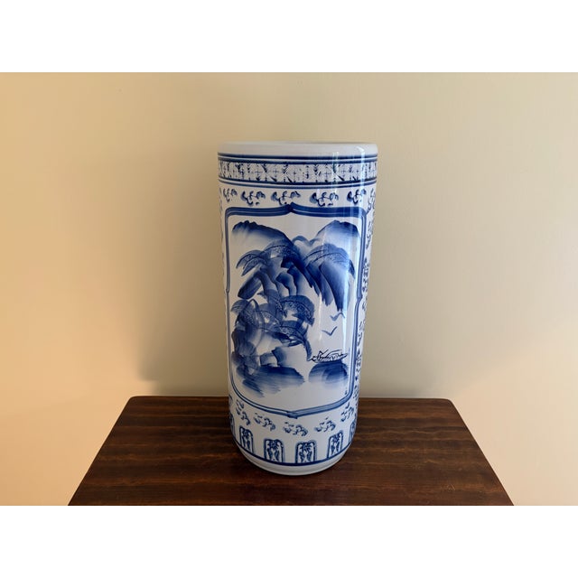 Vintage Chinoiserie Blue and White Porcelain Umbrella Stand For Sale - Image 11 of 13