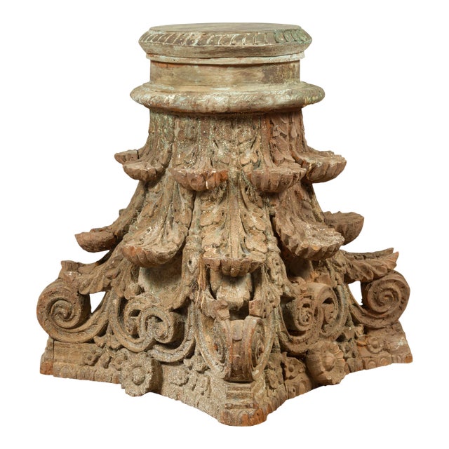 Antique Indian Corinthian Temple Capital Carving with Distressed Patina For Sale