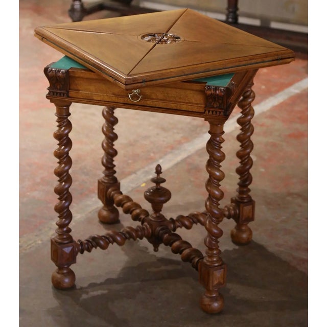 19th Century French Louis XIII Carved Walnut Envelope Folding Card Game Table For Sale - Image 9 of 11