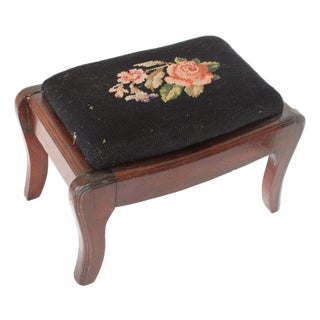 19th Century English Carved Needlepoint Footstool For Sale