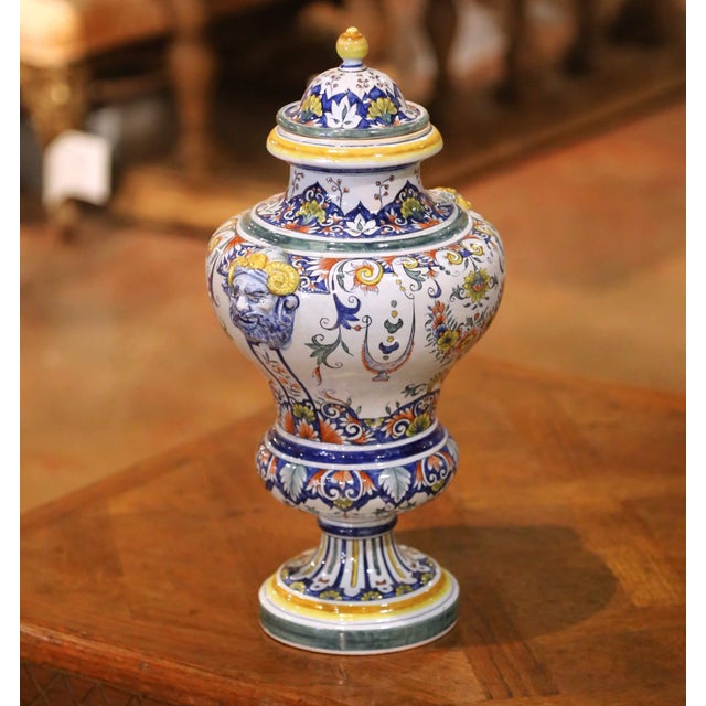 French 19th Century French Rouen Revival Faience Covered Urn With Ram Masks For Sale - Image 3 of 11