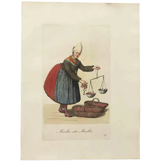 Hand-colored etching by Christoph Suhr in 1808. Belongs to the series "Der Ausruf in Hamburg dargestellt in einhundert und...
