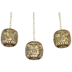 1950s Hollywood Regency Trio Pierced Brass Asian Ceiling Pendant Lights - Set of 3