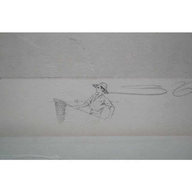 Antique 19th Century Coastal Fishing Village Tugboat Sailboat Etching 29" For Sale - Image 11 of 11