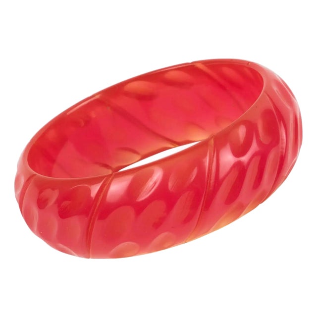 Pink Bakelite Bracelet Bangle with Geometric Carving For Sale