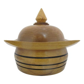 Vintage 1976 Hand Turned Wood Geometric Circular Box With Dome Lid For Sale