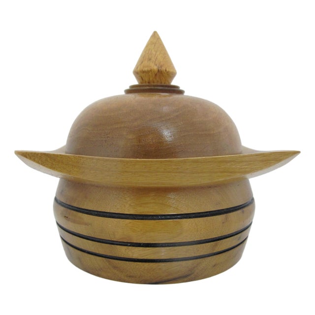 Vintage 1976 Hand Turned Wood Geometric Circular Box With Dome Lid For Sale