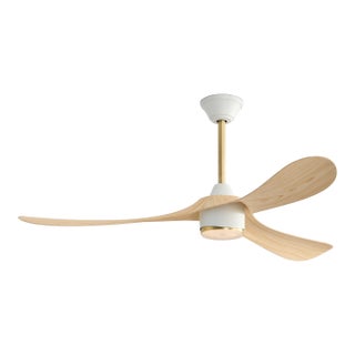 Linari Aerocurve Led Ceiling Fan - White and Brushed Brass With Natural Wood Blade Finish For Sale