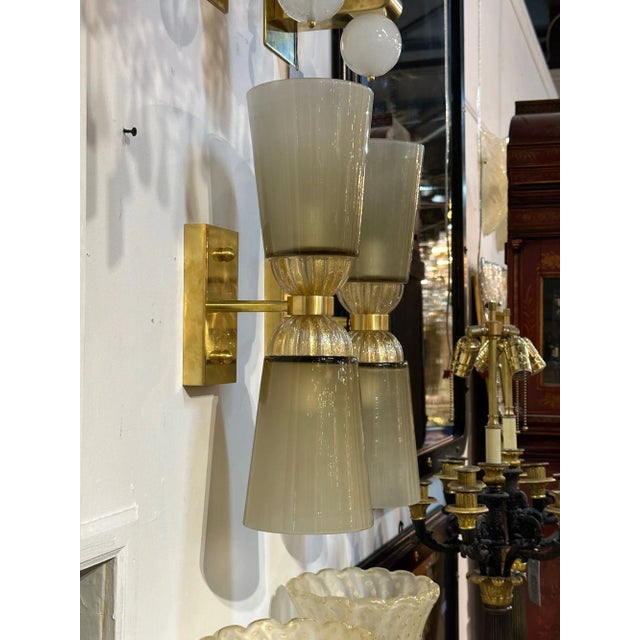 Pair of Modern Murano Glass and Brass Double Cone Sconces For Sale - Image 4 of 8