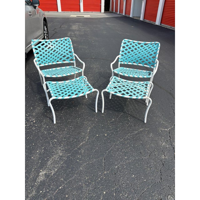 Coastal Vintage Tropitone Turquoise and White Woven Strap Patio Chairs and Ottomans — Set of 4 For Sale - Image 3 of 12