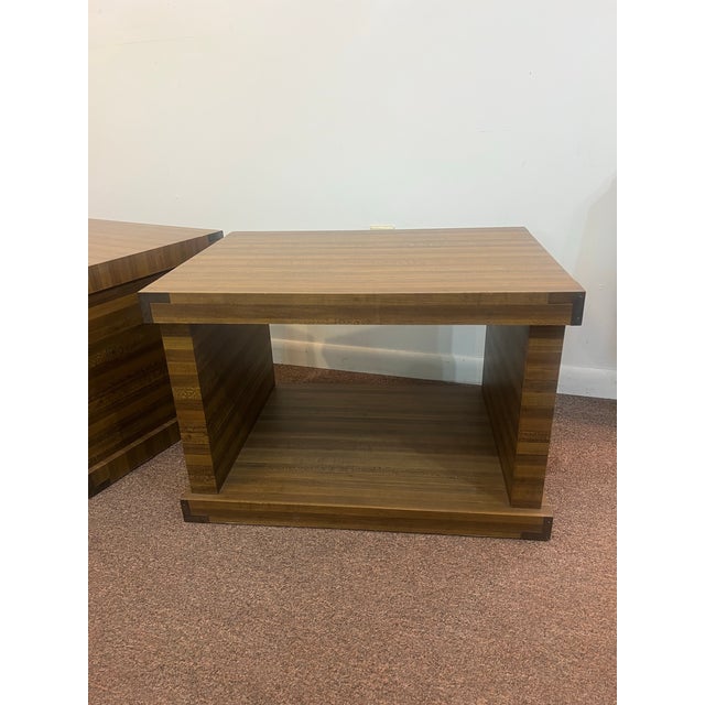 1970s Set of Two Postmodern Cube Side Tables With Brass Corner Brackets For Sale - Image 4 of 12
