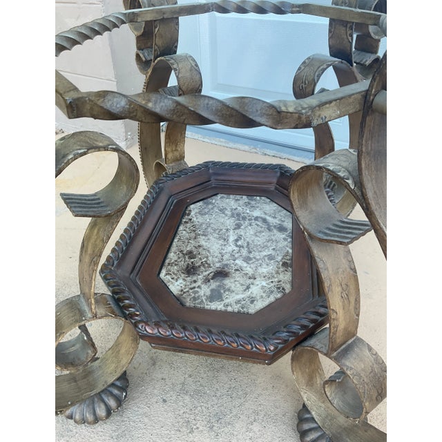 Hollywood Regency Pair of Hollywood Regency Scrolled Iron & Glass Side Tables With Stone Inset Shelves For Sale - Image 3 of 8