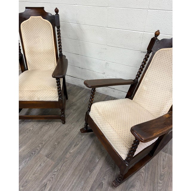 Vintage Jacobean Revival or Tudor Style Barley Twist Oak Armchair and Rocker Set For Sale In Kansas City - Image 6 of 17