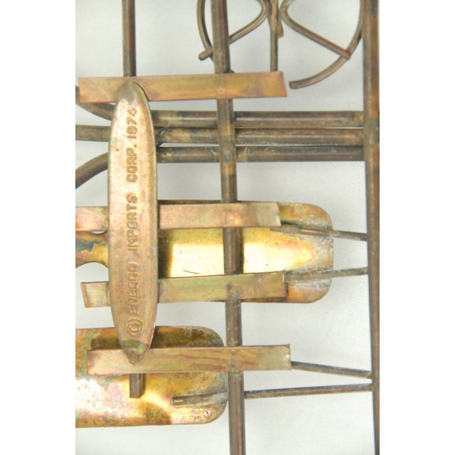 Copper Vintage Enesco 3d Metal Wall Art Cityscape Bicycle, People, Advertising Column and Tree 1974 For Sale - Image 8 of 8