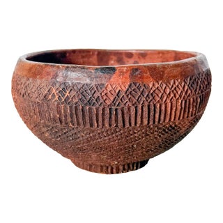 Vintage Folk Art Redware Clay Pottery Bowl For Sale