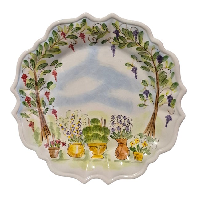 Vintage "Ma Maison" Hand Painted Collection Garden Scene Scalloped Edge Platter For Sale